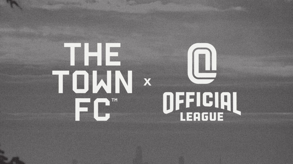 The town fc and official league logos overlaid a sky in black and white